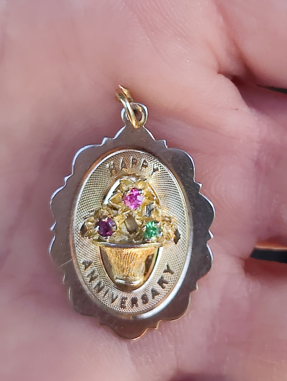 Vintage 14K Vermeil Sterling Silver Gemstone Happy Anniversary Pendant - Picture 2 of 5
